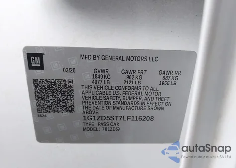 2020 Chevrolet Malibu Fwd Lt z USA, uszkodzony, nr VIN 1G1ZD5ST7LF116208